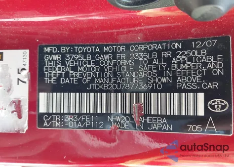 2008 Toyota Prius from USA, damaged, VIN JTDKB20U787736910